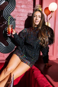 Best Sale Queen Of Sparkles Multi Sequin Scatter Poof Sleeve Sweatshirt Dress Black