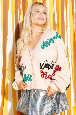 Hot Queen Of Sparkles Multi Thanks Glitter Script Cardigan Beige