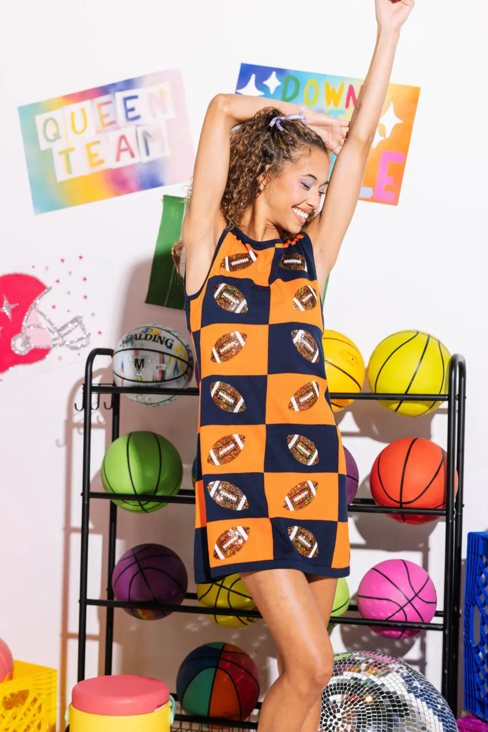 Online Queen Of Sparkles Navy & Orange Football Checkered Dress