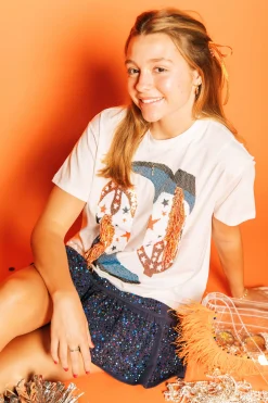 Flash Sale Queen Of Sparkles Navy & Orange Fringe Boot Tee