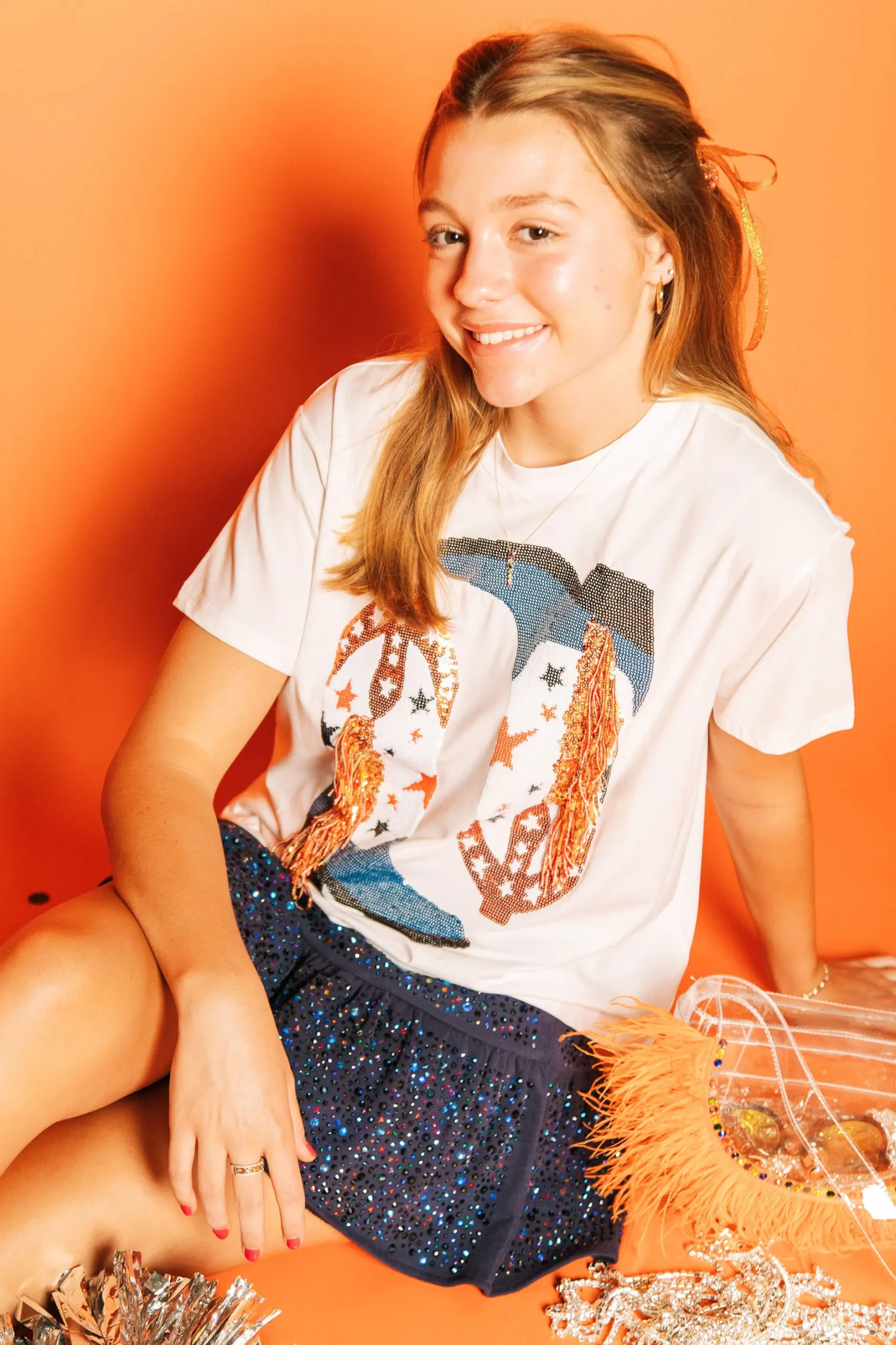 Flash Sale Queen Of Sparkles Navy & Orange Fringe Boot Tee