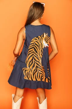 Outlet Queen Of Sparkles Navy Dress With Tiger On Back