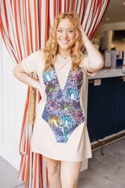 Sale Queen Of Sparkles Navy Firework Swimsuit Coverup Tan