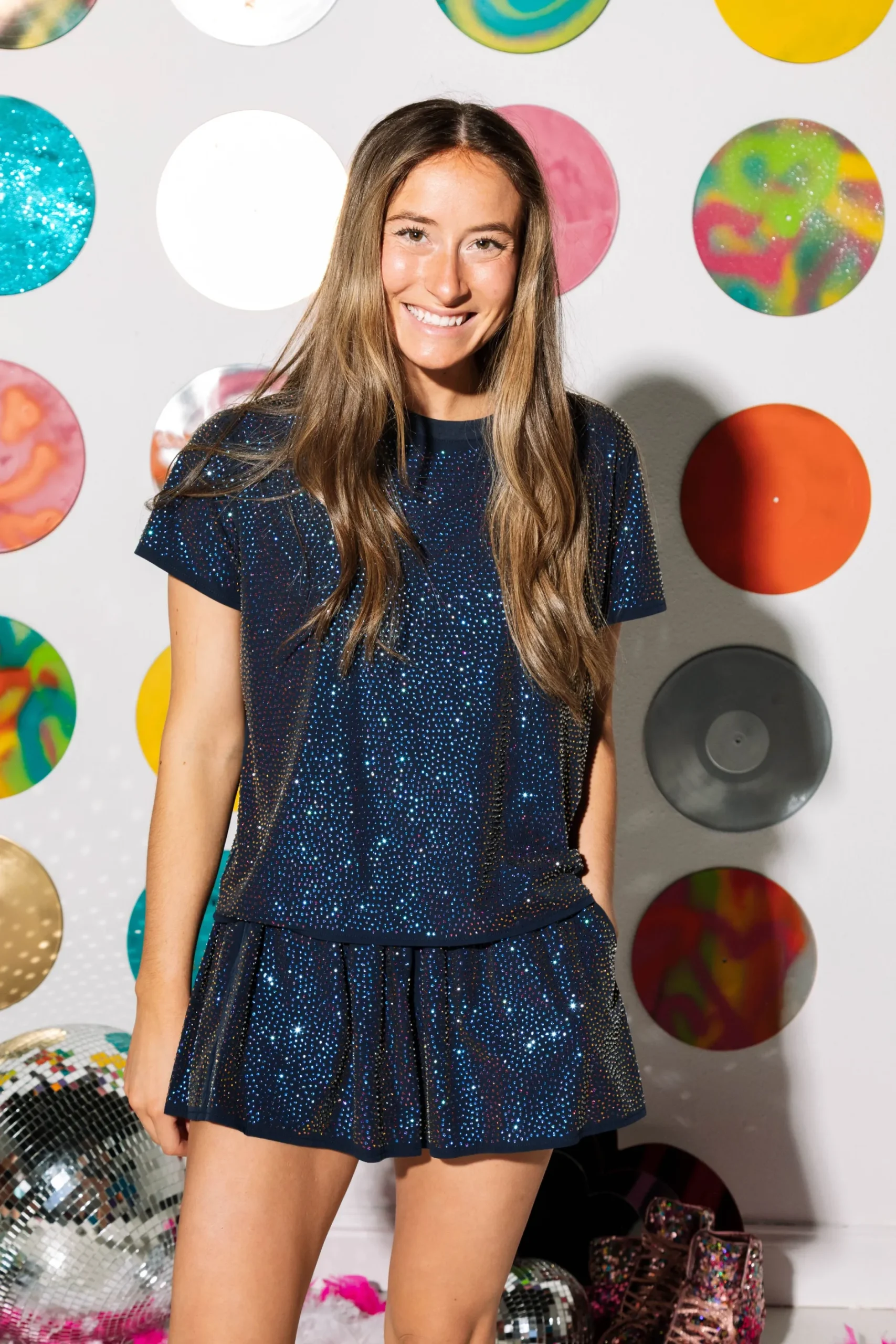 Discount Queen Of Sparkles Navy Rainbow Active Rhinestone Top
