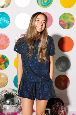 Fashion Queen Of Sparkles Navy Rainbow Active Rhinestone Top
