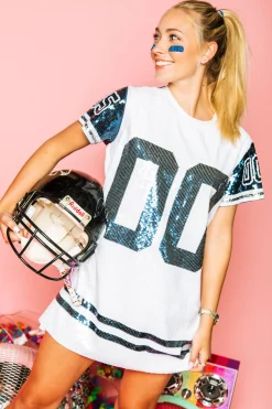 Fashion Queen Of Sparkles Navy, Silver & White Full Sequin Jersey Dress