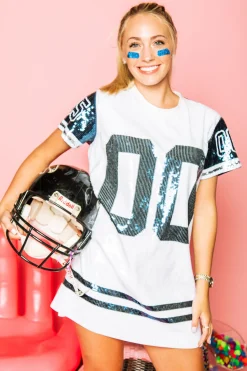 Fashion Queen Of Sparkles Navy, Silver & White Full Sequin Jersey Dress
