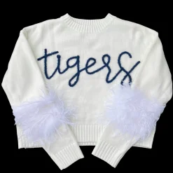 Outlet Queen Of Sparkles Navy "Tigers" Feather Sleeve Sweater