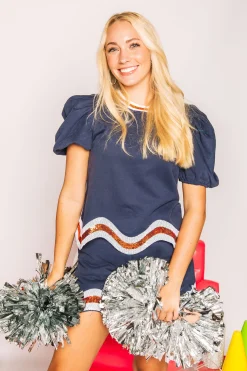 Best Sale Queen Of Sparkles Navy, White/Orange Wavy Top Navy/White/Orange