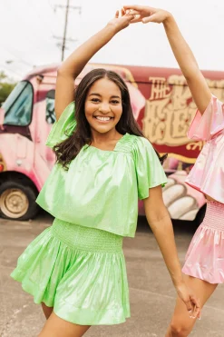 Online Queen Of Sparkles Neon Green Holo Stripe Flutter Top