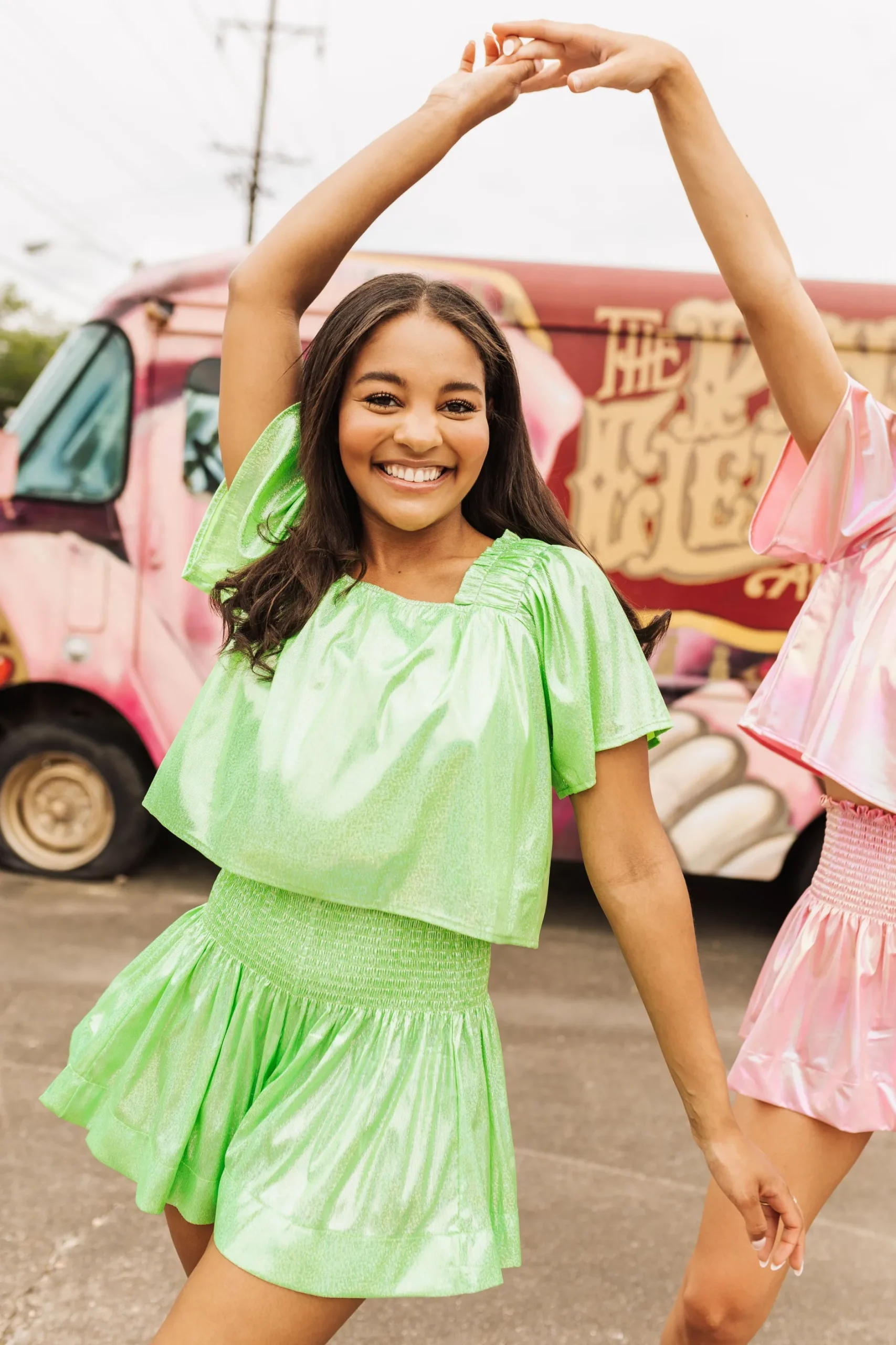 Online Queen Of Sparkles Neon Green Holo Stripe Flutter Top