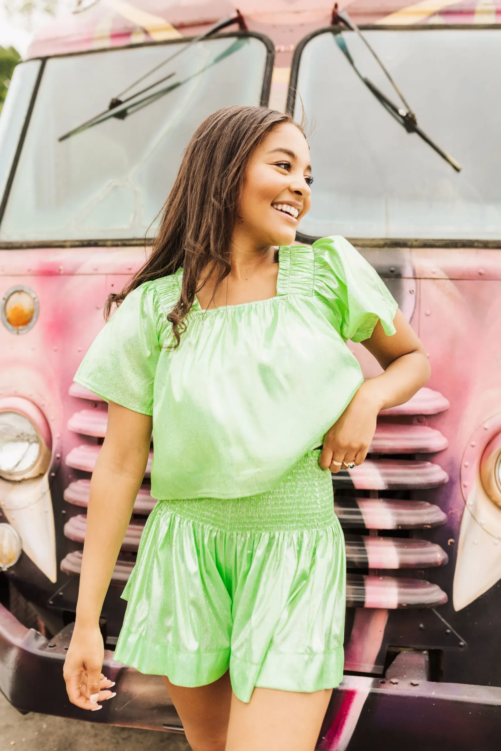 Store Queen Of Sparkles Neon Green Holo Stripe Swing Shorts