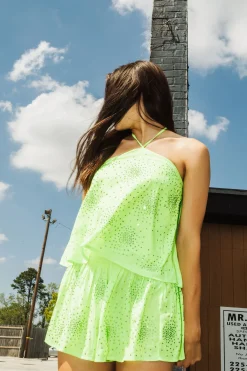 Hot Queen Of Sparkles Neon Lime Rhinestone Cluster Swing Short