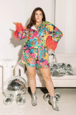 New Queen Of Sparkles Neon Pink Abstract Feather Pj Top