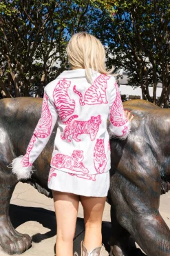 Store Queen Of Sparkles Neon Pink Tiger Feather Blazer White