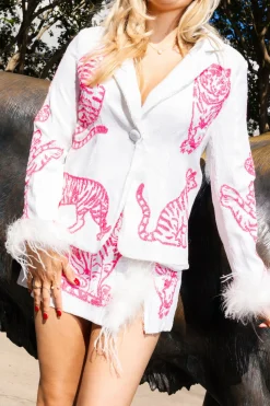 Store Queen Of Sparkles Neon Pink Tiger Feather Blazer White