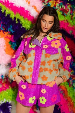 New Queen Of Sparkles Neon Purple Sequin Flower Shorts