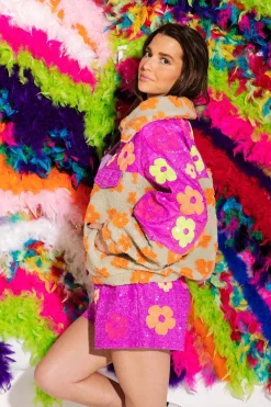 New Queen Of Sparkles Neon Purple Sequin Flower Shorts