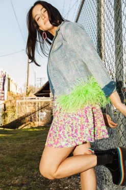 Discount Queen Of Sparkles Neon Rhinestone Feather Denim Jacket