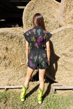 Best Sale Queen Of Sparkles Neon Rodeo Icon Romper Black