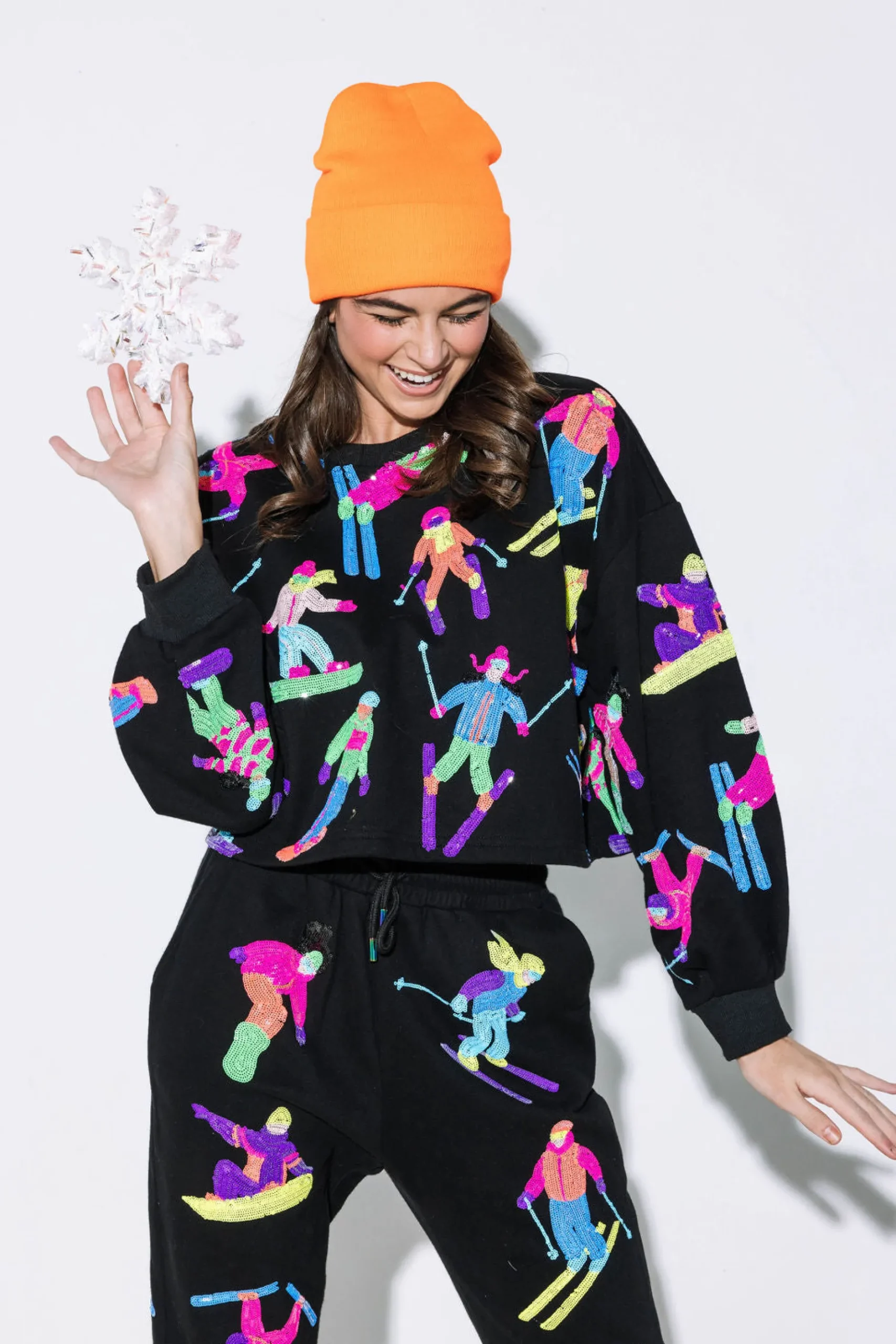 Clearance Queen Of Sparkles Neon Scatter Skier Sweatshirt Black