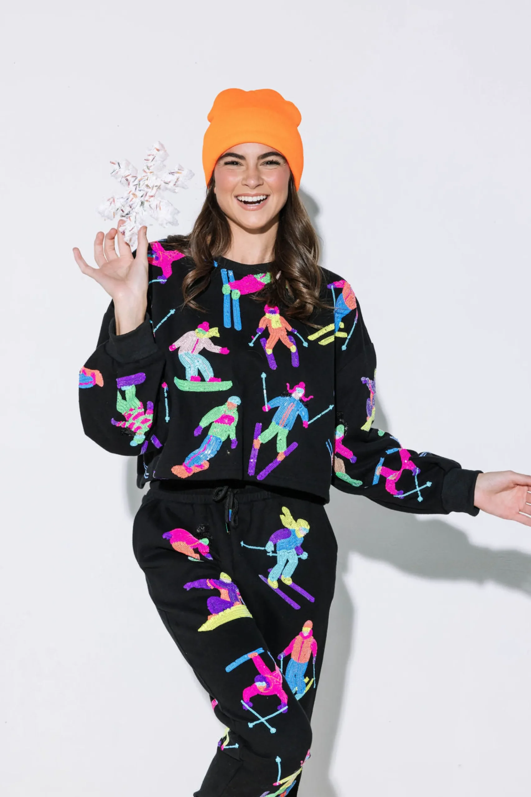 Clearance Queen Of Sparkles Neon Scatter Skier Sweatshirt Black