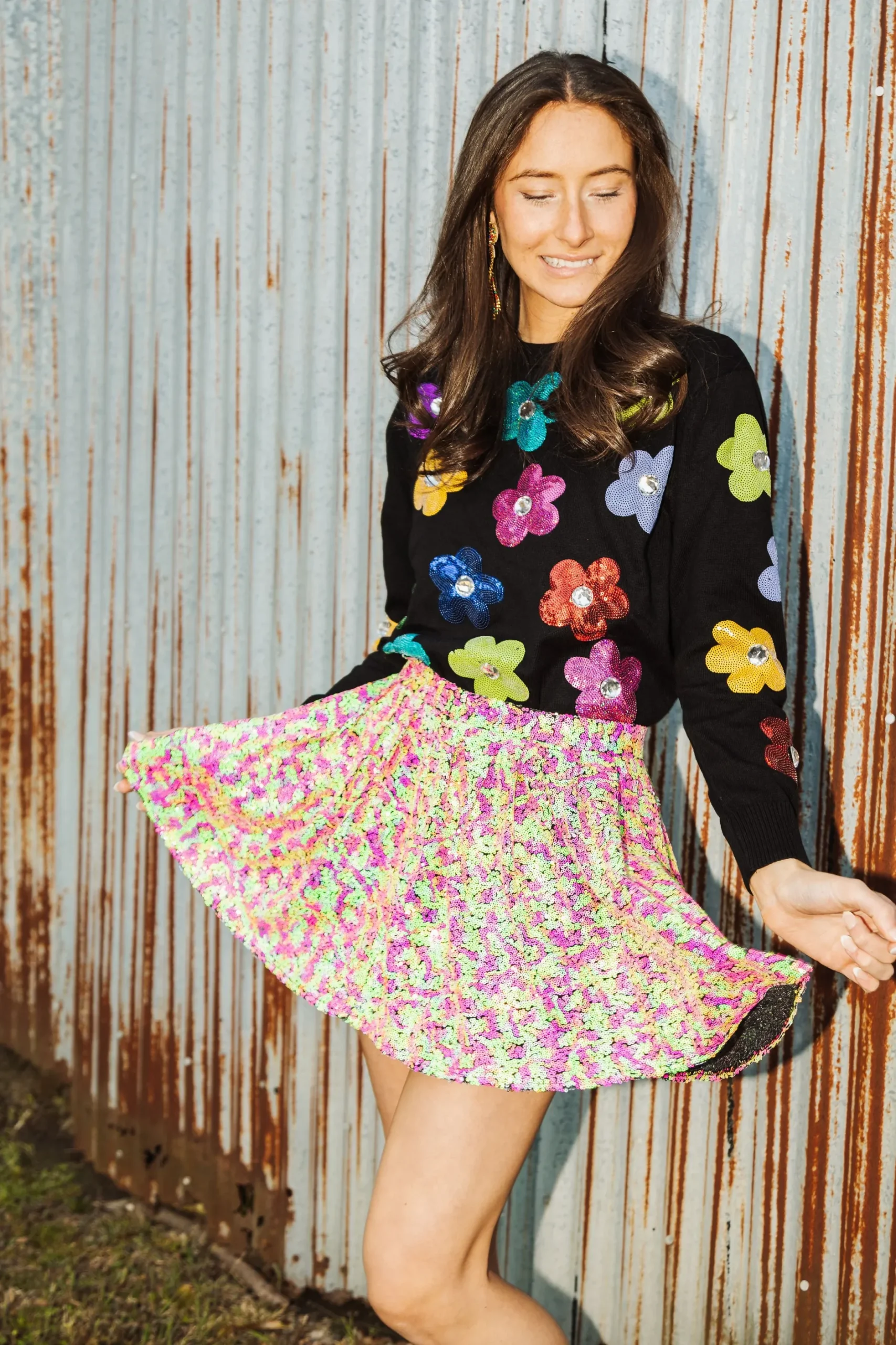 Sale Queen Of Sparkles Neon Sequin Pleat Mini Skirt