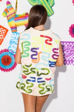 Store Queen Of Sparkles Neon Squiggle Collar Tank Beige