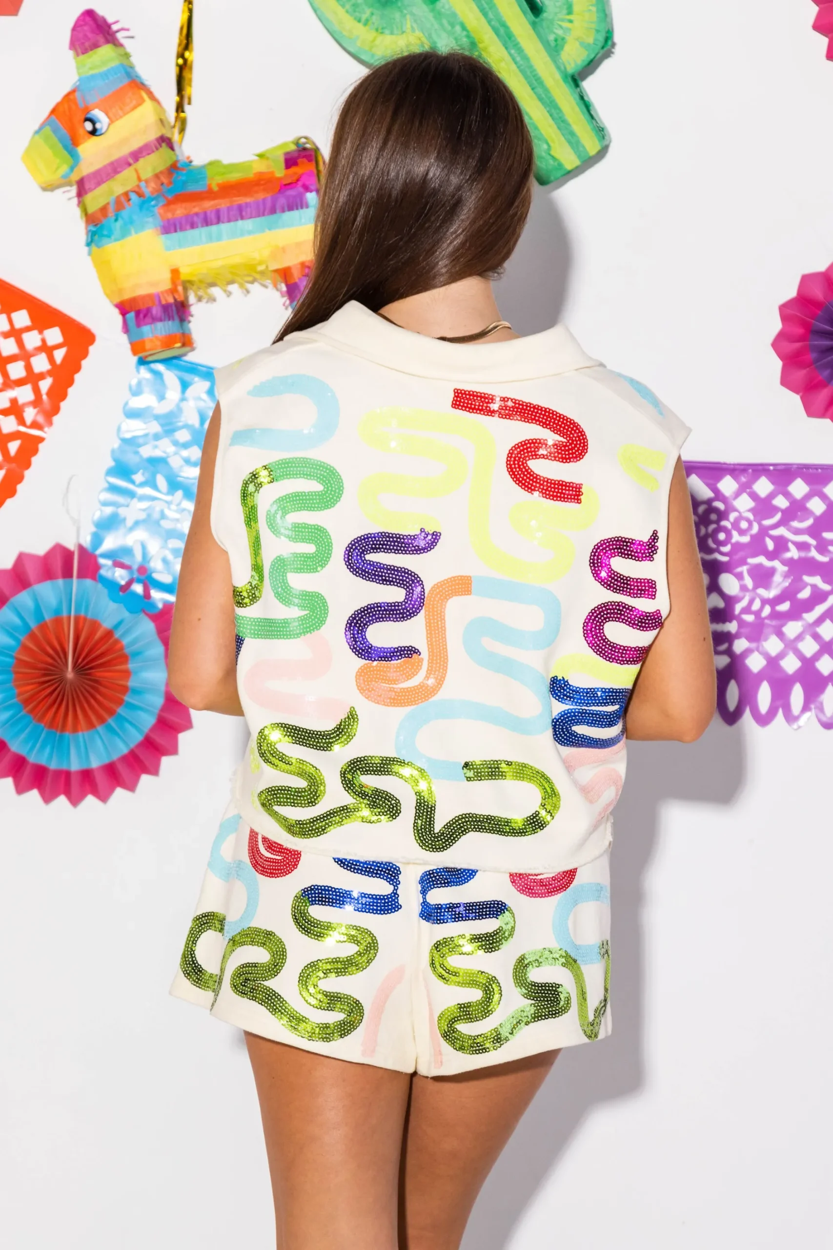 Store Queen Of Sparkles Neon Squiggle Collar Tank Beige