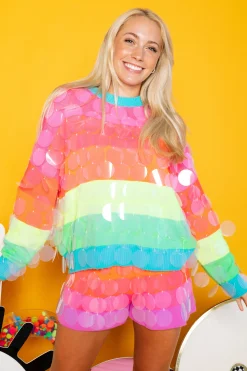 Best Sale Queen Of Sparkles Neon Stripe Clear Sequin Sweater