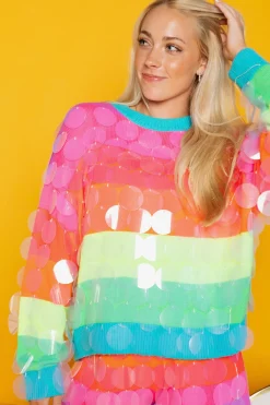 Flash Sale Queen Of Sparkles Neon Stripe Clear Sequin Sweater