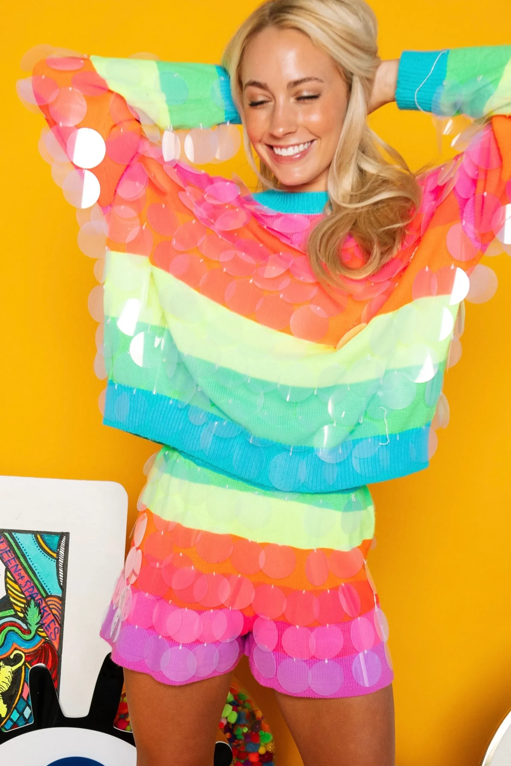 Flash Sale Queen Of Sparkles Neon Stripe Clear Sequin Sweater