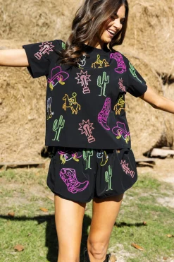 Outlet Queen Of Sparkles Neon Western Icon Active Tee Black