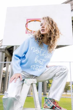 Best Sale Queen Of Sparkles Nothin But Net' Glitter Script Sweater Light Blue