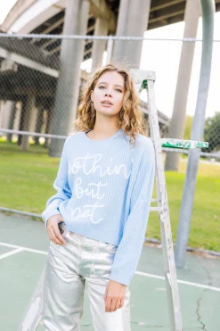 Best Sale Queen Of Sparkles Nothin But Net' Glitter Script Sweater Light Blue