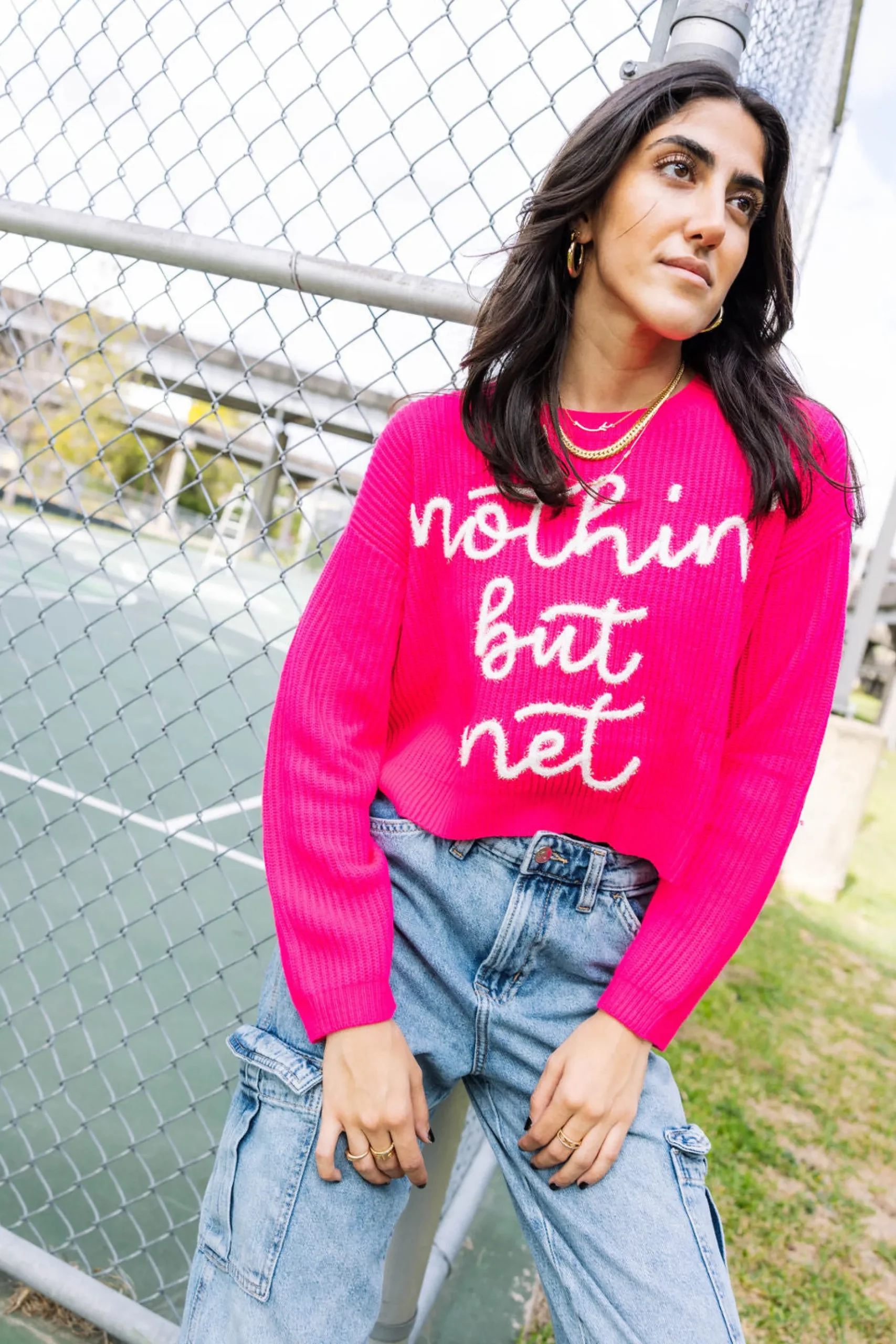 Outlet Queen Of Sparkles Nothin But Net' Glitter Script Sweater Neon Pink