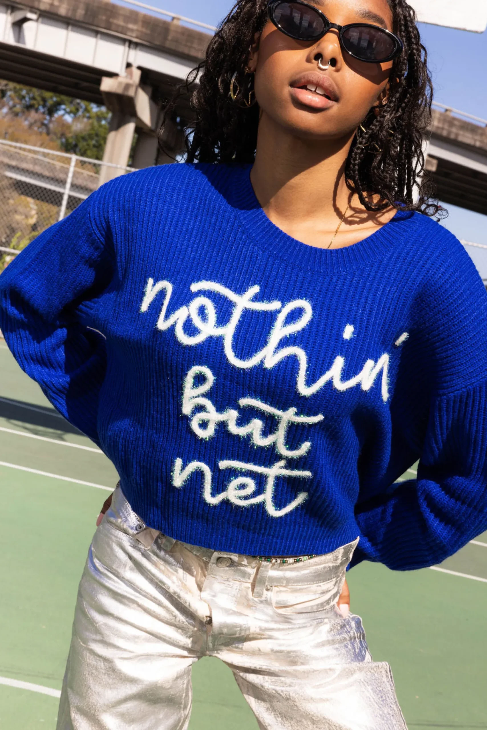 Best Queen Of Sparkles Nothin But Net' Glitter Script Sweater Royal Blue