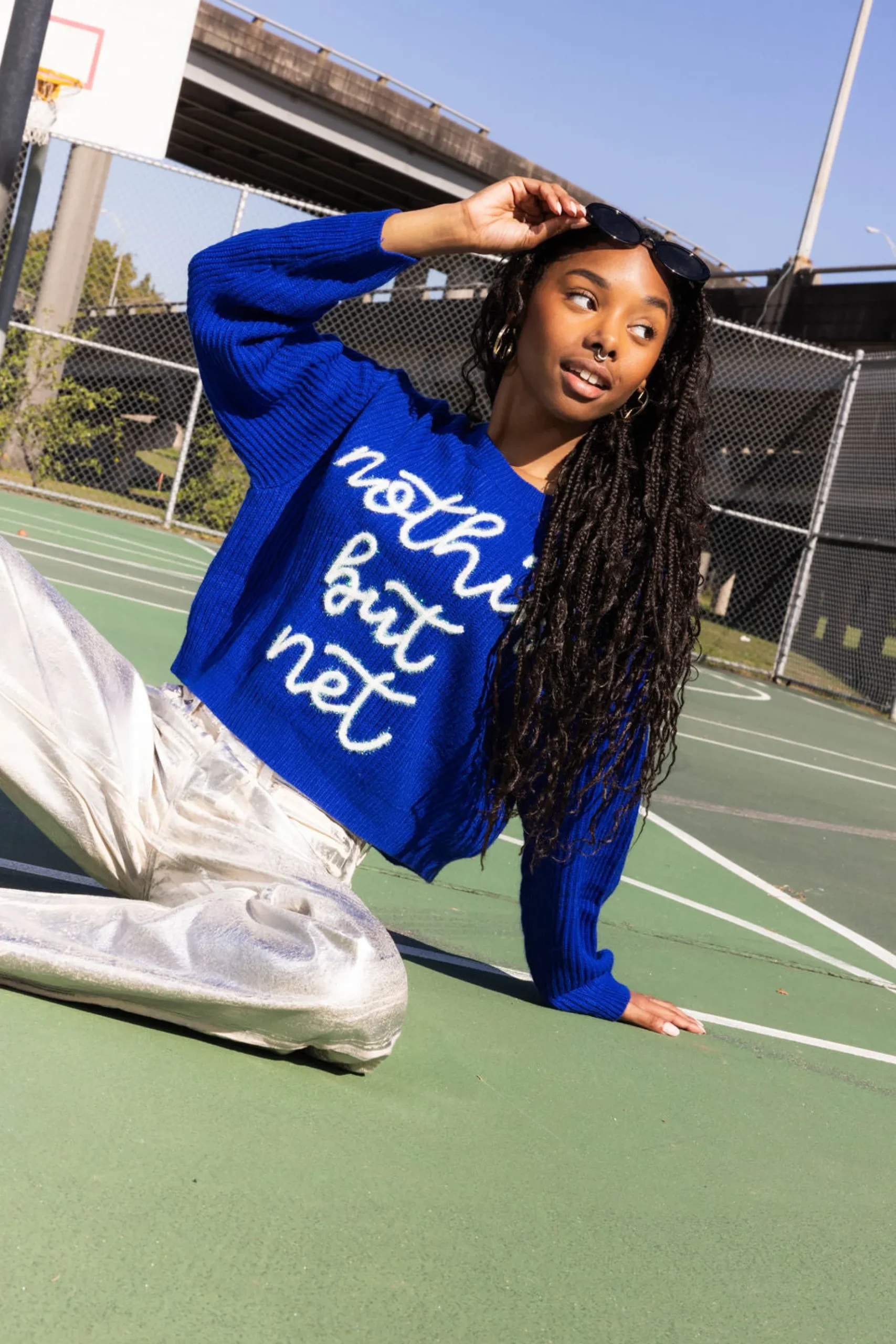 Best Queen Of Sparkles Nothin But Net' Glitter Script Sweater Royal Blue