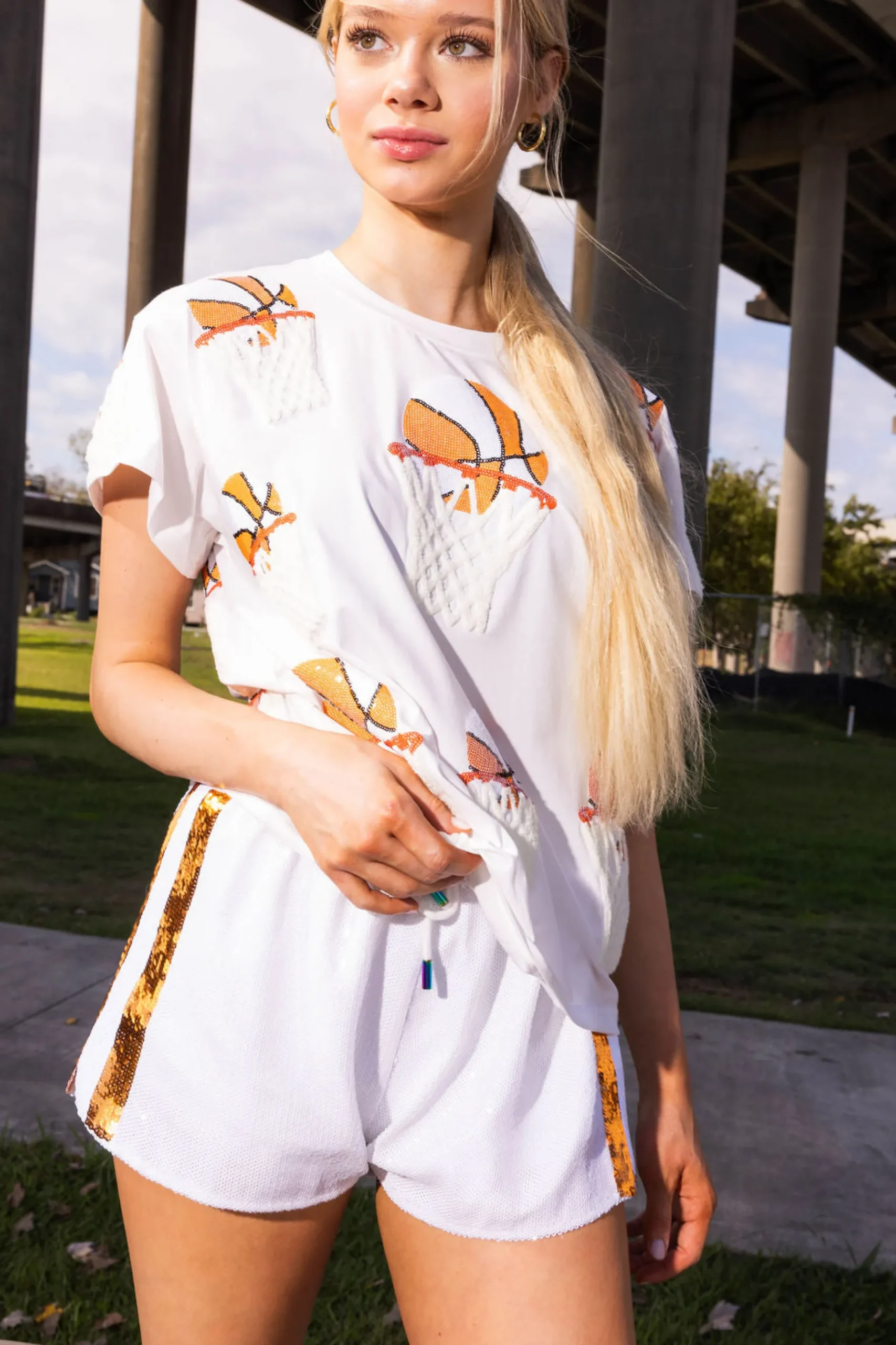 Store Queen Of Sparkles Orange Basketball Hoop Tee White