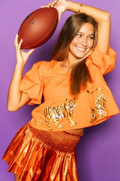 Sale Queen Of Sparkles Orange Peplum Poof Sleeve Top With Tigers
