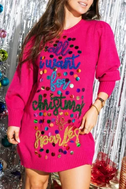 Outlet Queen Of Sparkles Pailette 'All I Want For Christmas Is Sparkles' Sweater Dress Pink