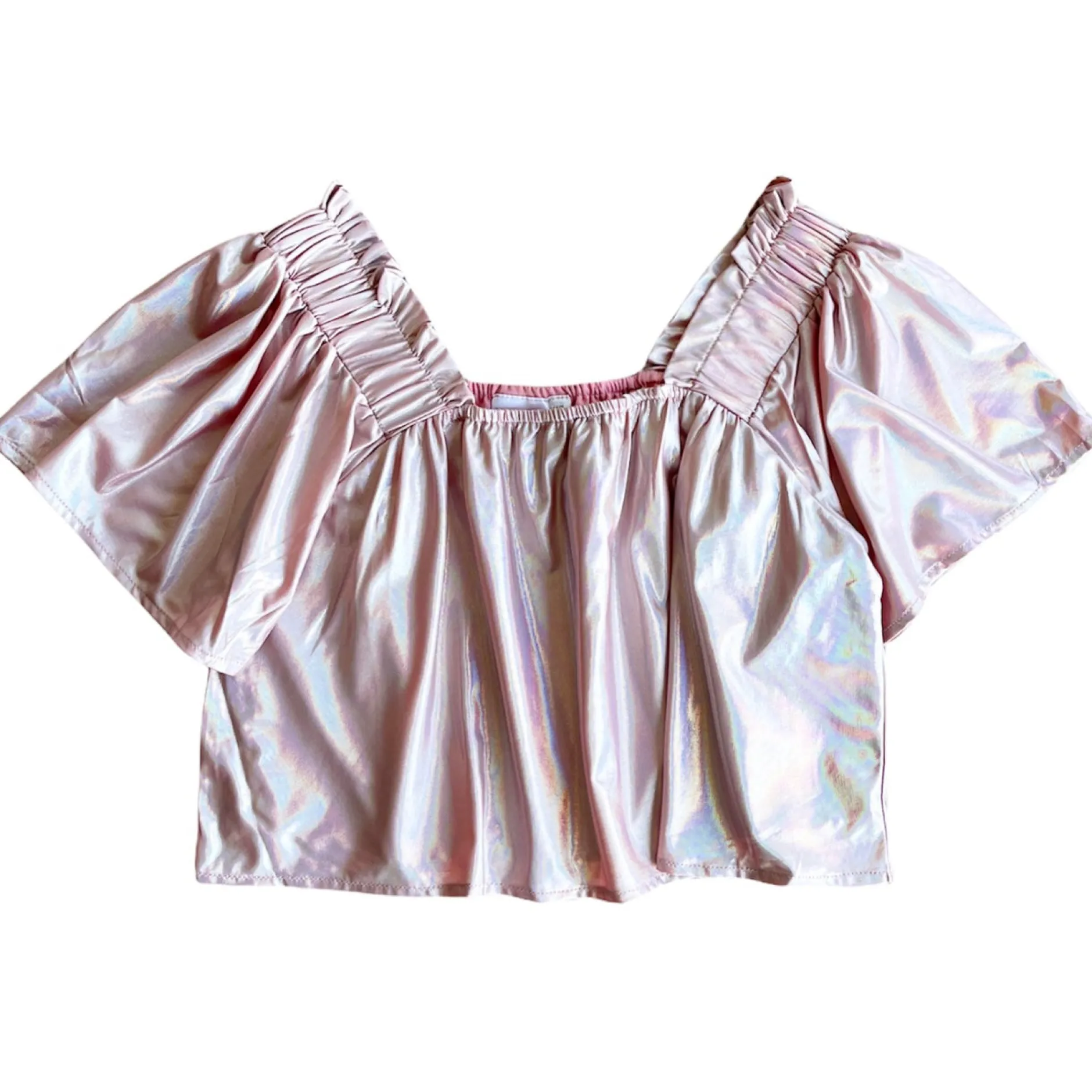Store Queen Of Sparkles Pale Graphic Flutter Top Pink Holo