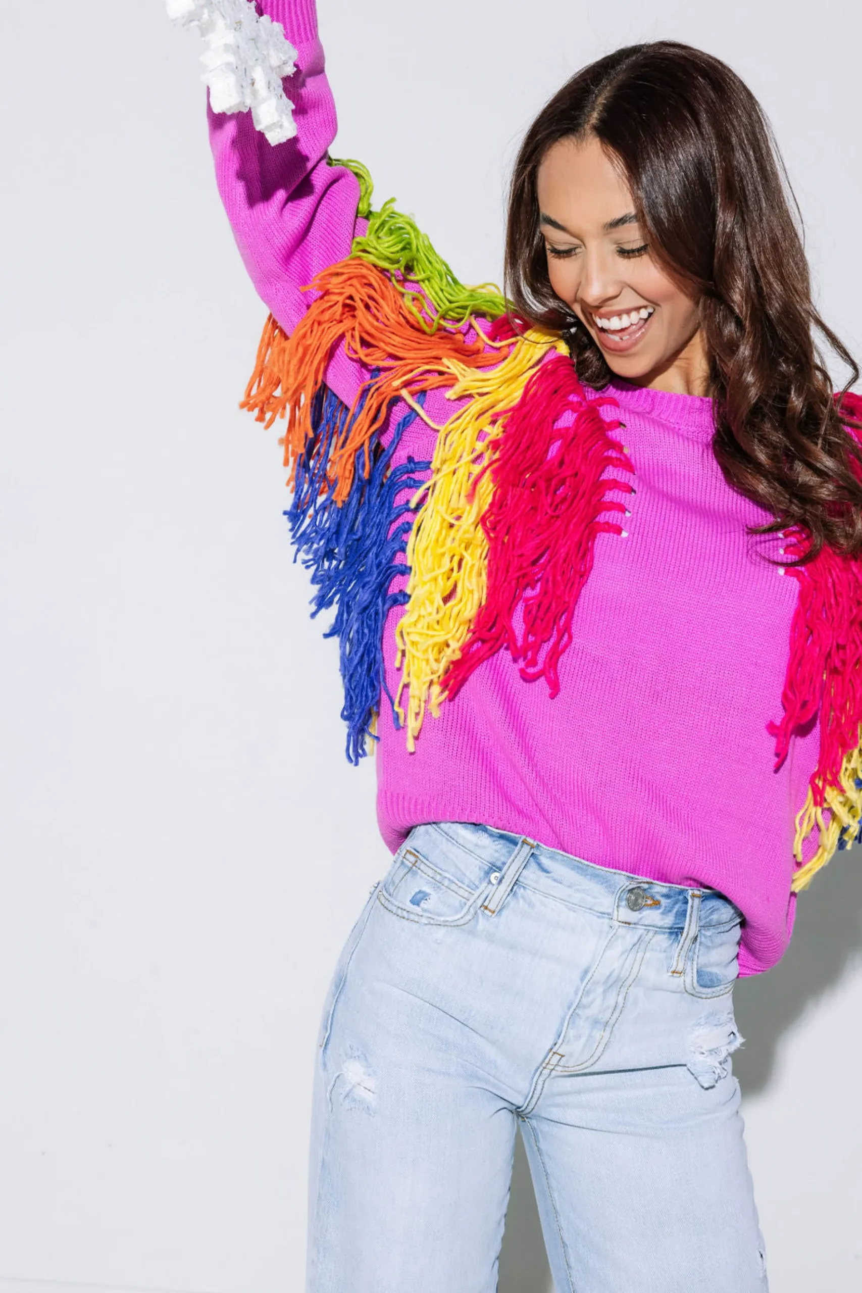 Store Queen Of Sparkles Pink & Rainbow Fringe Sweater