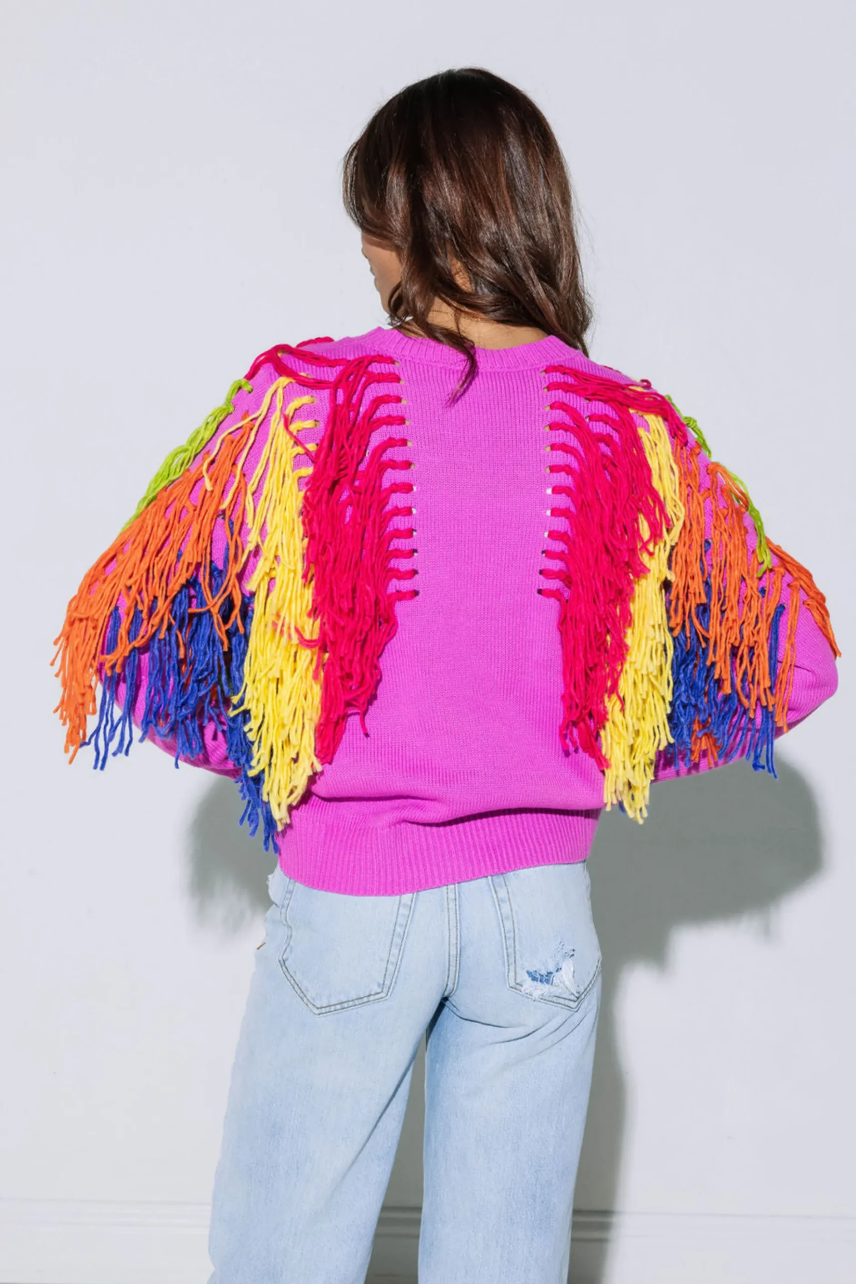 Store Queen Of Sparkles Pink & Rainbow Fringe Sweater