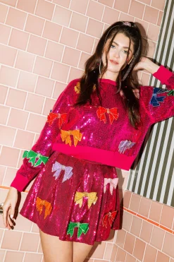 Sale Queen Of Sparkles Pink Full Sequin Bow Sweater