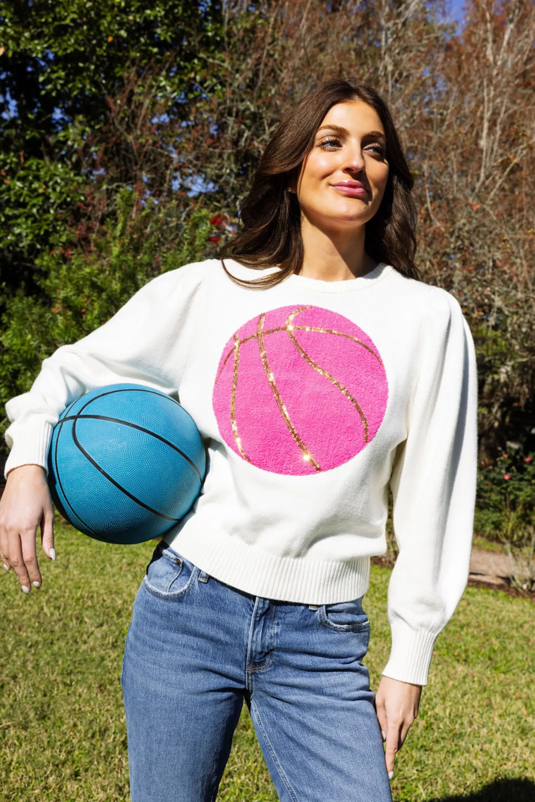 Store Queen Of Sparkles Pink Fuzzy Basketball Sweater