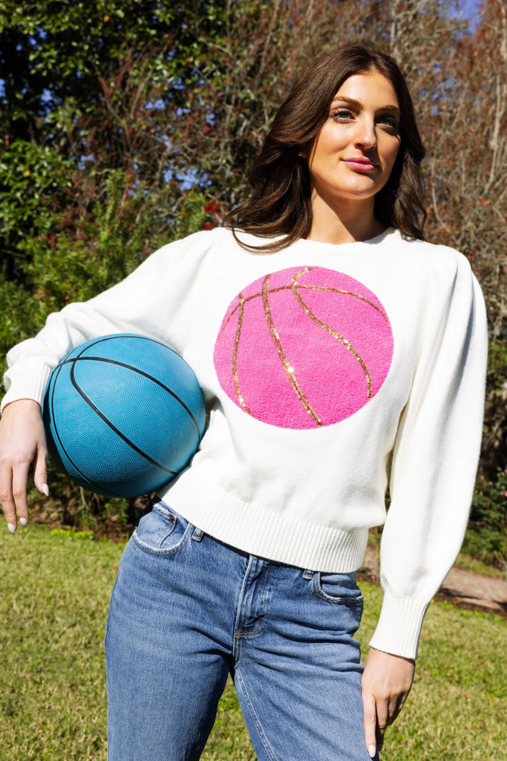 Store Queen Of Sparkles Pink Fuzzy Basketball Sweater