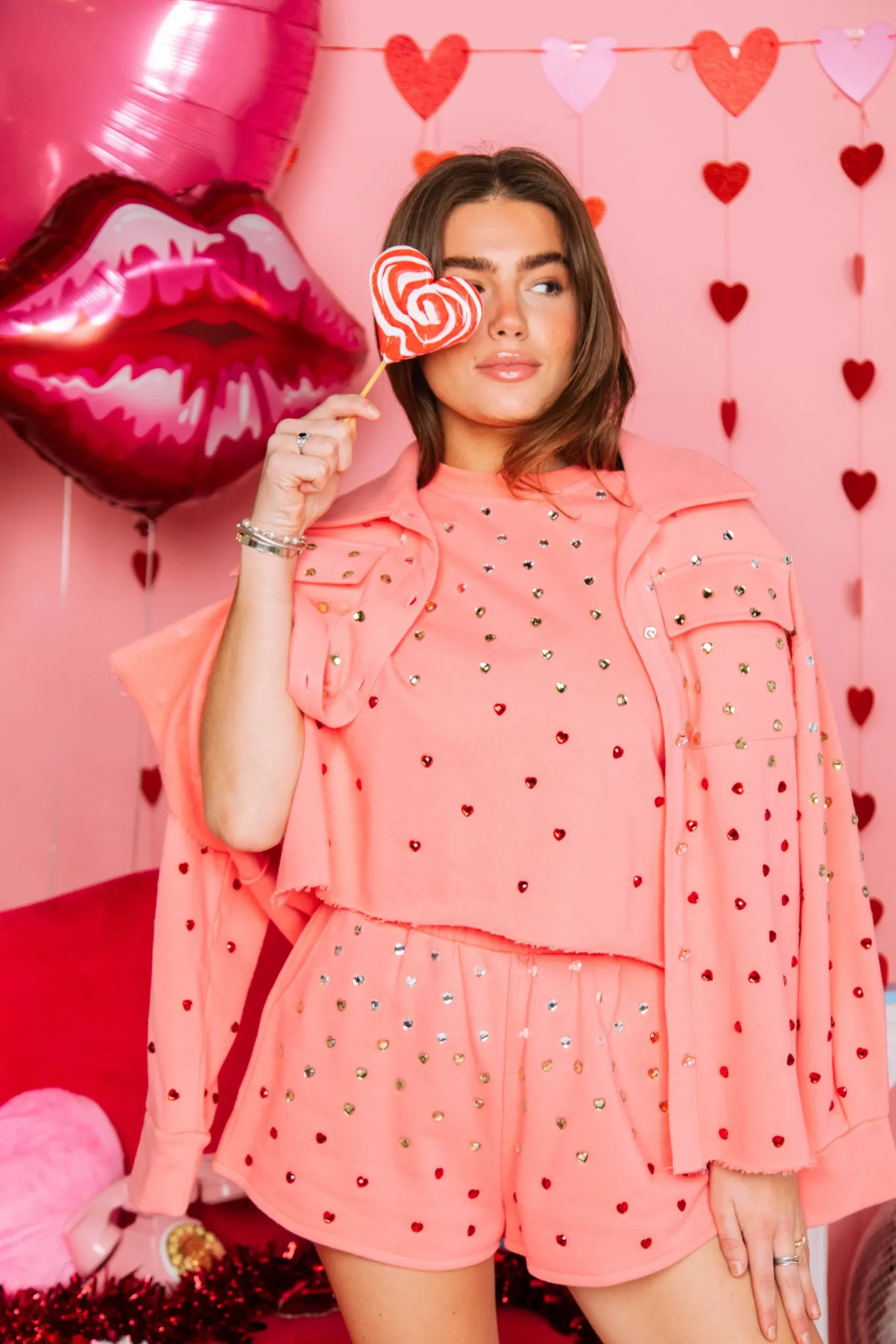 Store Queen Of Sparkles Pink Heart Jewel Poof Sleeve Top