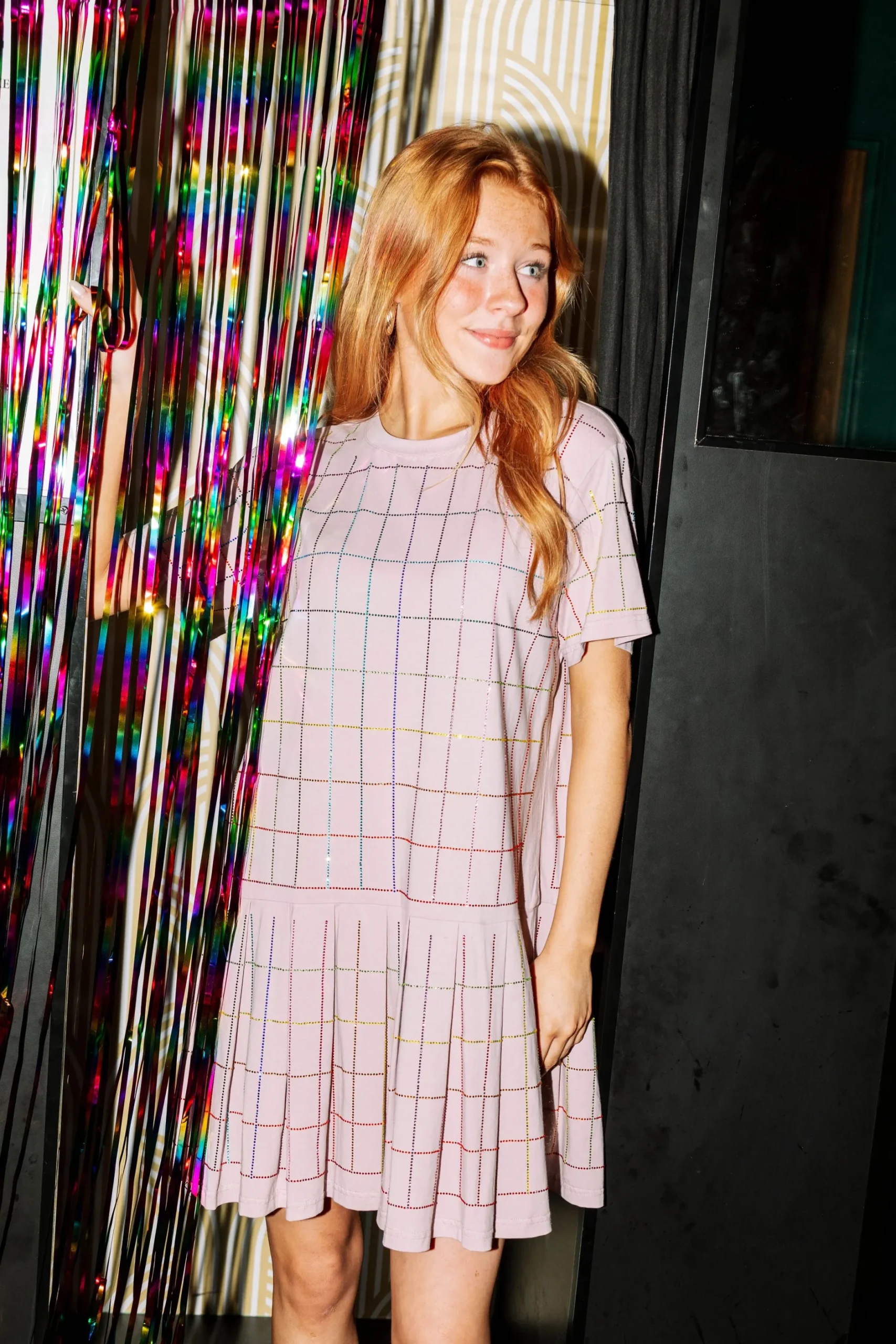 Fashion Queen Of Sparkles Pink Rhinestone Plaid Tee Dress