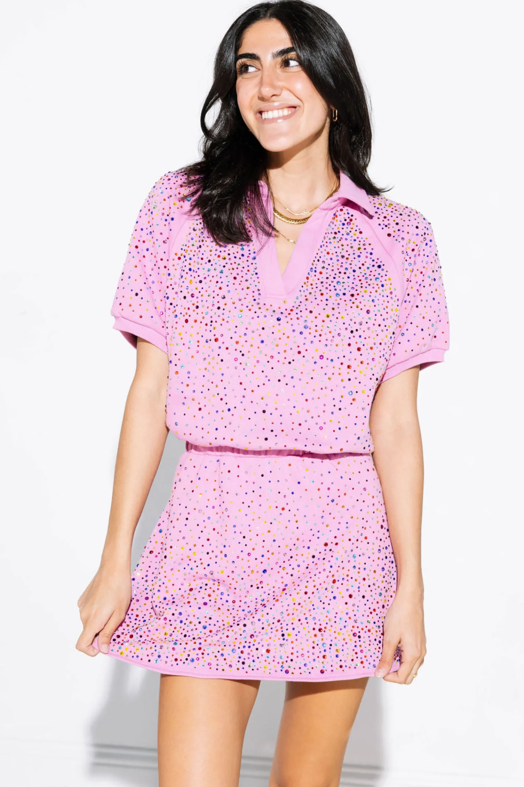 Sale Queen Of Sparkles Pink Scattered Rhinestone Collar Dress